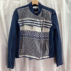 WOM&NOW Barcelona Moto Jacket Size 42 Blue White Textured‎ Knit Cotton Blend